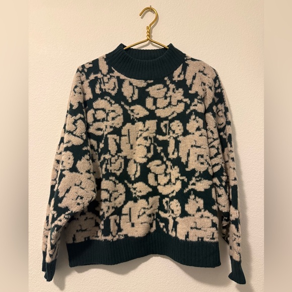 100% Cashmere Garnet Hill Jacquard Pullover Size M Green/White Floral - Picture 2 of 6